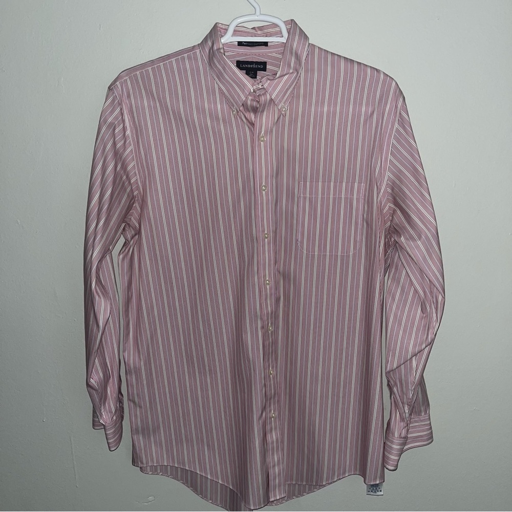 Land's End Dress Shirt 17/36 Tall Cotton Striped Pinpoint Oxford Casual Men